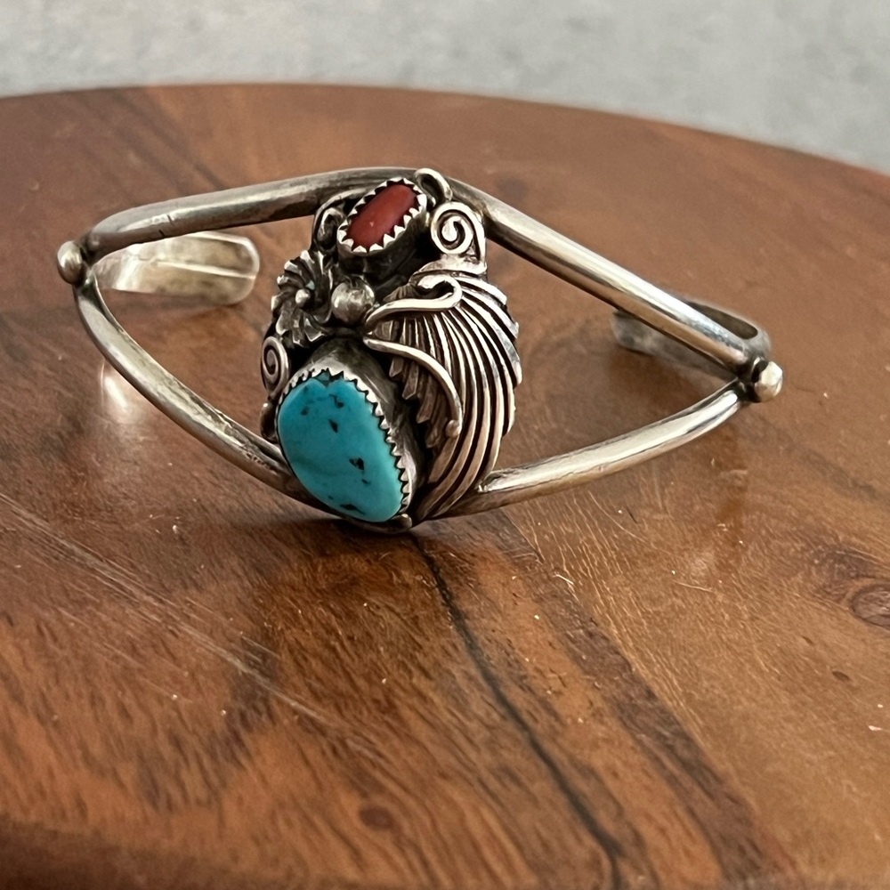 Sterling Silver 925 Turquoise Coral Navajo Native American Cuff Bracelet